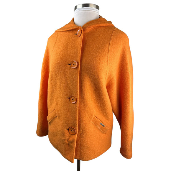 Geiger Austria Boiled Wool Coat Cardigan Jacket Hooded Button Orange Size 36 - Picture 14 of 16
